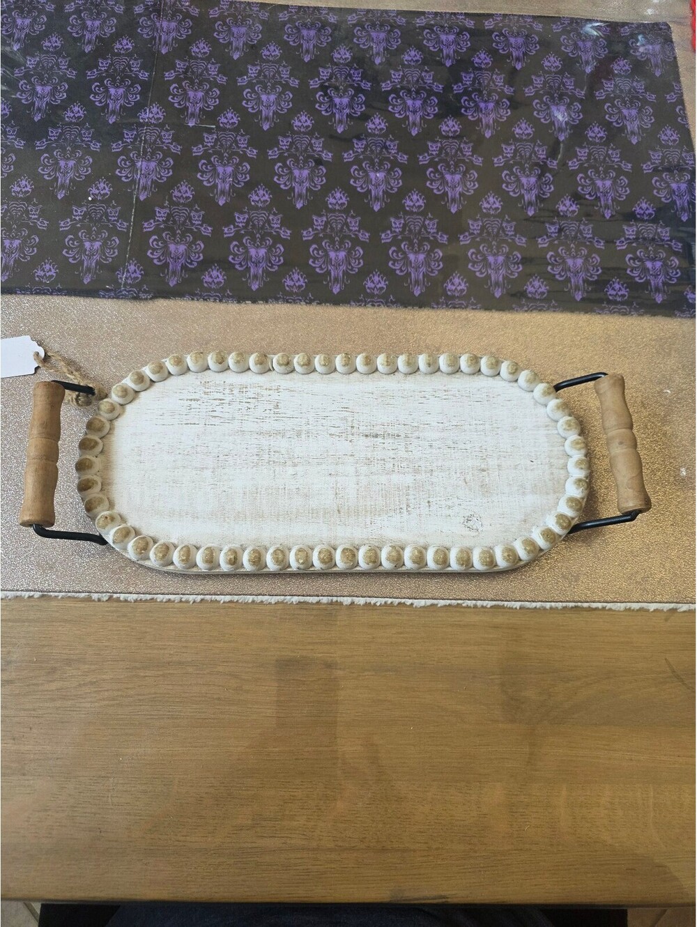 Decorative White Wooden Serving Tray with Beaded Edge and Wooden Handles